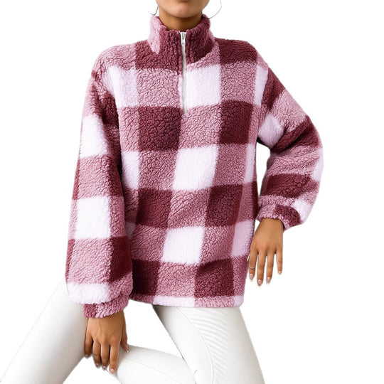 Damen nan kariertes Teddy-Fleece Pullover mit Stehkragen und halbhohem Reißverschluss Shop Nory