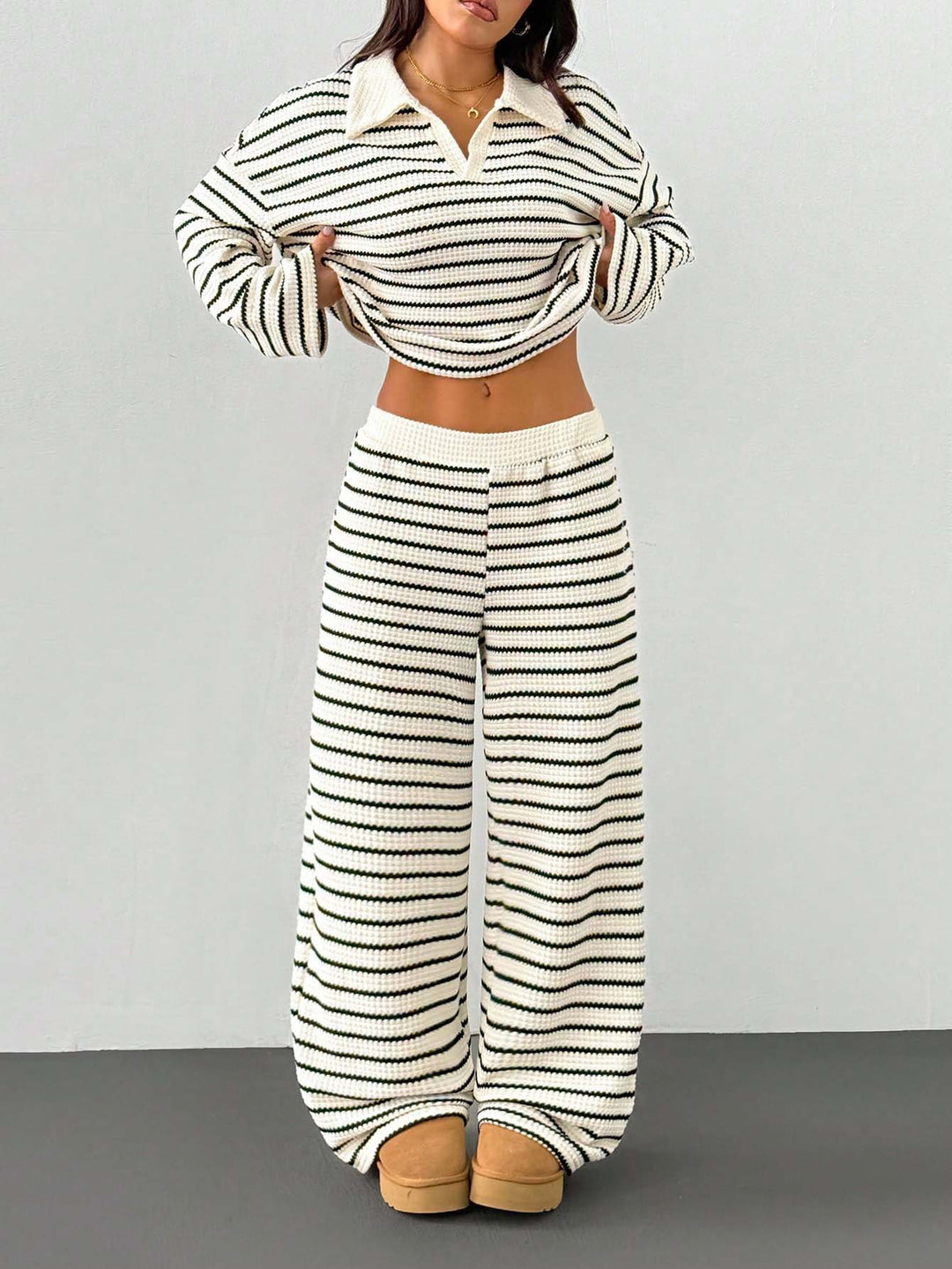 Damen Gestreiftes Strick-Set aus Polokrippenpullover und weiten Palazzo-Strickhose Shop Nory