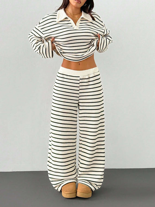 Damen Gestreiftes Strick-Set aus Polokrippenpullover und weiten Palazzo-Strickhose Shop Nory