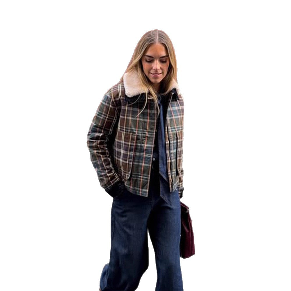 Damen Kurzblouson im Karomuster mit wattierter Fütterung und Teddykragen Shop Nory