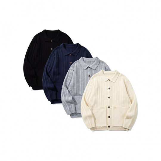 Unisex Grobgestrickte Hemdjacke mit Kentkragen, Knopfleiste und aufgesetzten Taschen Shop Nory