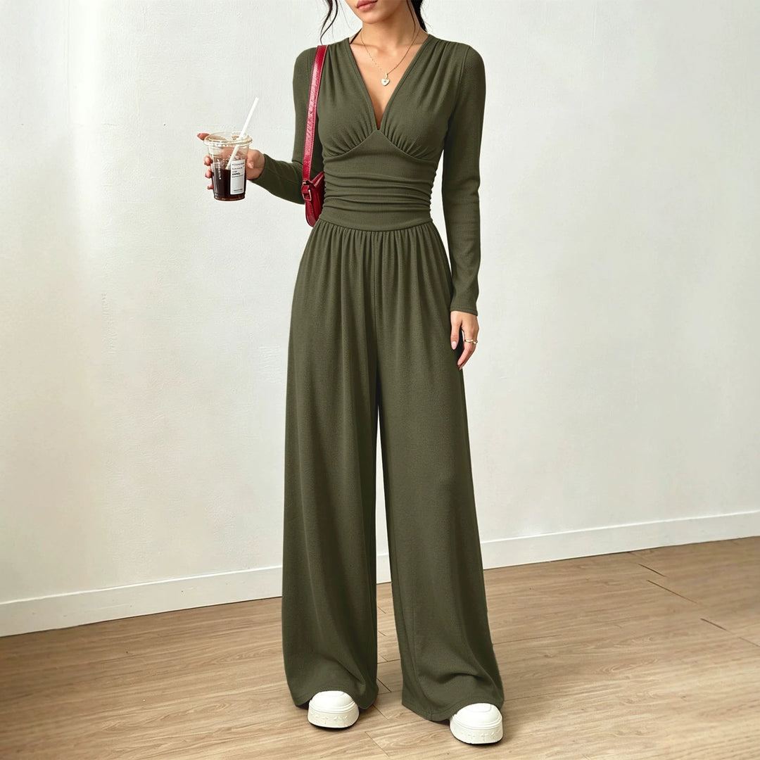 Damen Eleganter V‑Ausschnitt Jumpsuit mit tailliertem Wickelbund und weitem Hosenbein Shop Nory