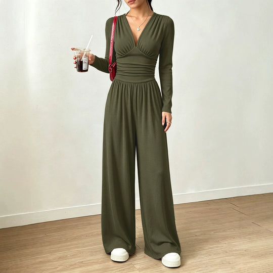 Damen Eleganter V‑Ausschnitt Jumpsuit mit tailliertem Wickelbund und weitem Hosenbein Shop Nory