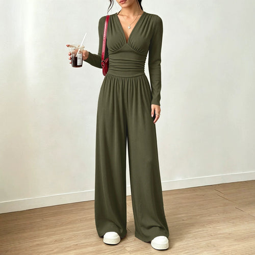 Damen Eleganter V‑Ausschnitt Jumpsuit mit tailliertem Wickelbund und weitem Hosenbein Shop Nory