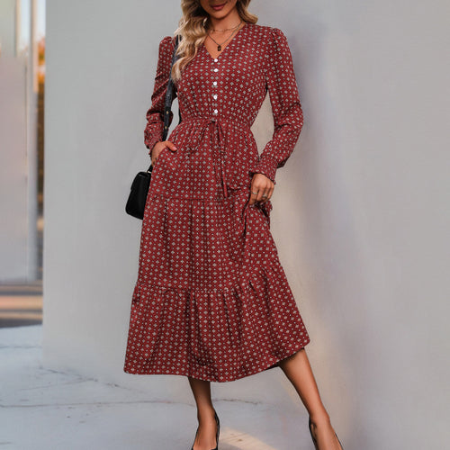 Damen Midikleid mit V-Ausschnitt, Smok-Taille, Stufensaum und floralem Allover-Print Shop Nory