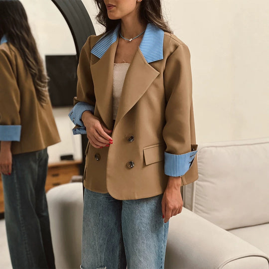 Damen Oversize-doppelreihiger Blazer mit kontrastkragen & aufschlagärmeln Shop Nory