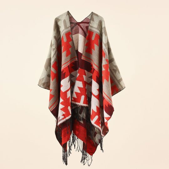 Damen Oversize-Ruana mit V‑Ausschnitt, grobem Jacquardmuster und langen Fransen Shop Nory