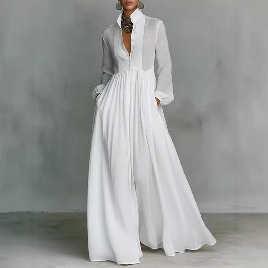 Damen Maxikleid mit Stehkragen, Knopfleiste und seitlichen Taschen Shop Nory