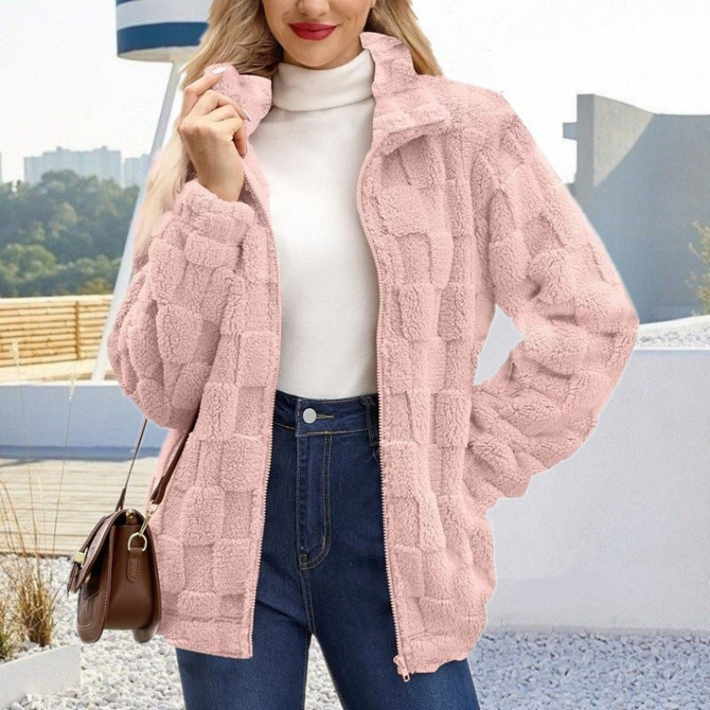 Damen Teddyjacke mit Karo-Struktur, Stehkragen und Reißverschluss Shop Nory