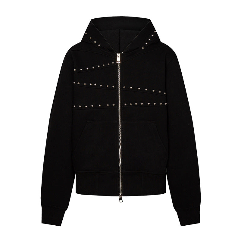 Damen Kapuzen-Sweatjacke mit Nietenbesatz, durchgehendem Reißverschluss und Kängurutaschen Shop Nory