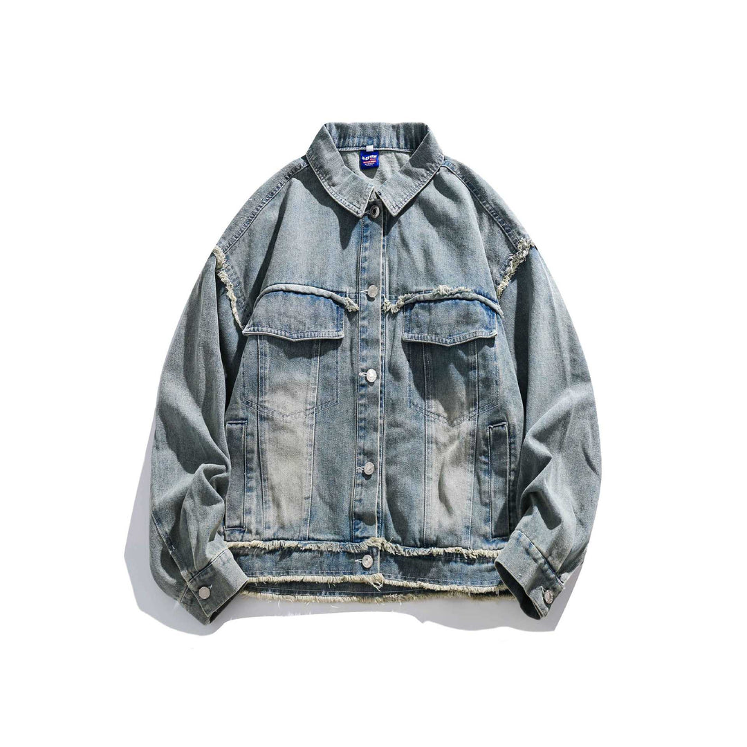Unisex Oversize Denim-Blousonjacke mit Fransenabschlüssen und Utility-Taschen Shop Nory