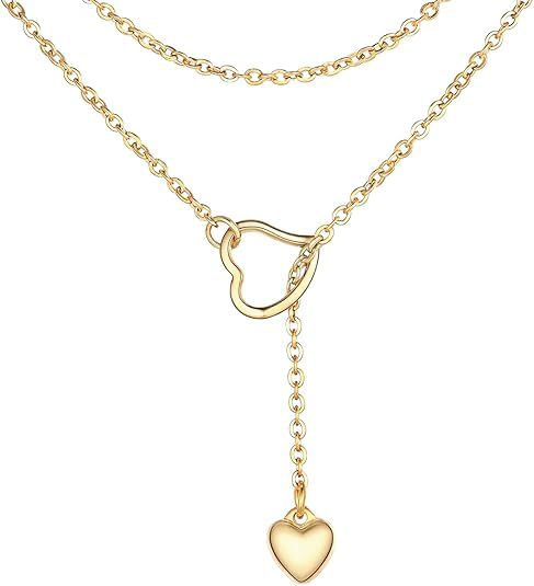 Damen modische Halskette mit doppeltem Herzanhänger und eleganter Gliederkette Shop Nory