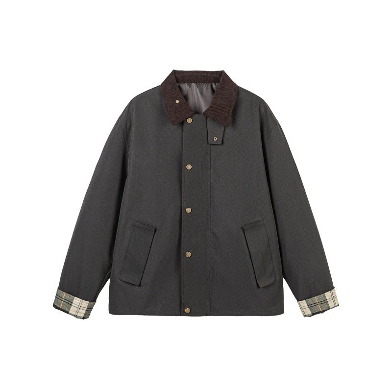 Herren Kurze Boxy-Workerjacke aus robustem Canvas mit Cordkragen und verdeckter Druckknopfleiste Shop Nory