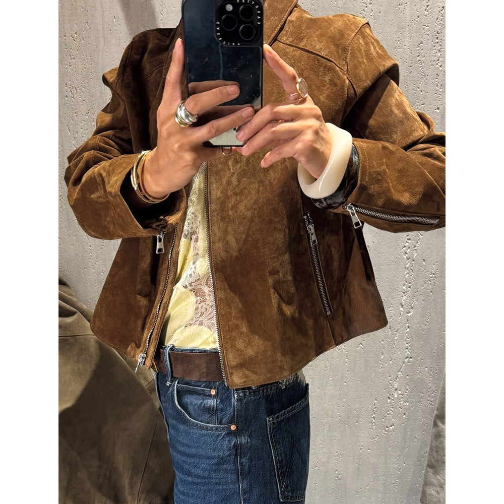 Damen Cropped Velourslederjacke mit Hemdkragen, Reißverschluss und Zipp-Taschen Shop Nory