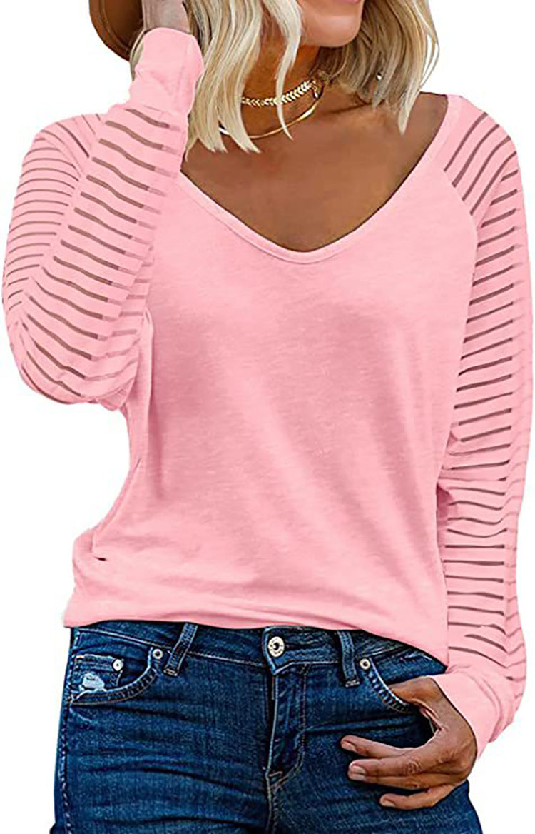 Damen Langärmliges V-Ausschnitt Shirt mit gestreiften Ärmeln