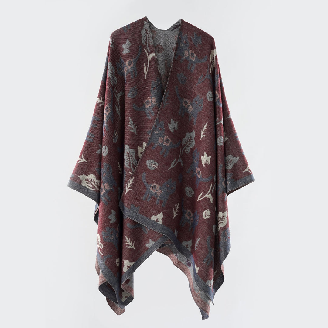 Damen Oversized Ruana im Jacquard mit Katzen- & Blumenmotiv Shop Nory