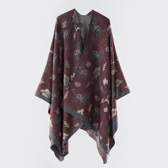 Damen Oversized Ruana im Jacquard mit Katzen- & Blumenmotiv Shop Nory
