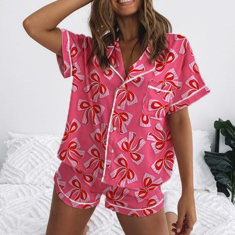 Damen Kurzarm-Pyjama-Set mit verspieltem Schleifenmuster