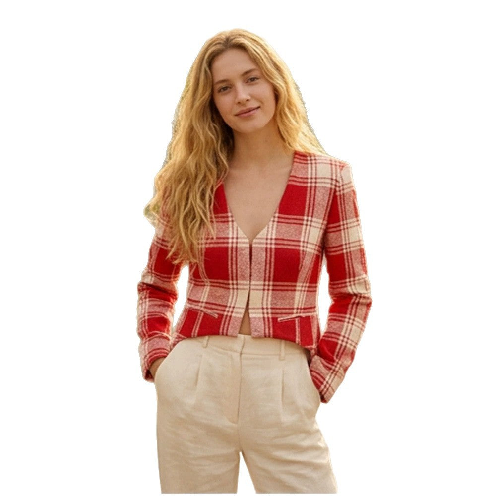 Damen Kurzgeschnittener taillierter Karo-Blazer mit tiefem V-Ausschnitt und Pattentaschen Shop Nory