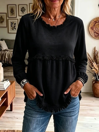 Damen Fransen-Tunika mit Känguru-Taschen und geraffter Empire-Naht Shop Nory