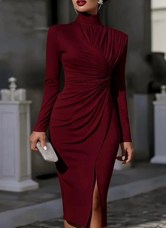 Damen Elegantes Midikleid mit geraffter Drapierung, Stehkragen und Beinschlitz Shop Nory