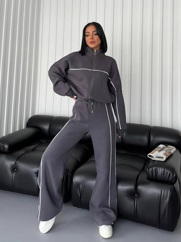 Damen lässiges Sweatset mit Stehkragen Reißverschluss gekürzter Jacke und hochtaillierter Schlaghose Shop Nory