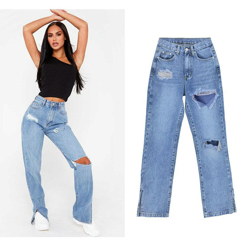 Damen lässige Ripped Jeans mit hoher Taille und modernen Fransen