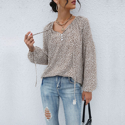 Damen Leopardenprint-Bluse mit V‑Ausschnitt, leichter Viskoseoptik und Ballonärmeln Shop Nory