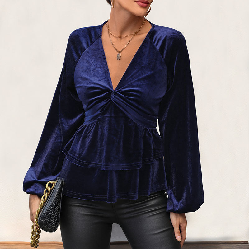 Damen Samt-Peplum-Bluse mit tiefem V-Ausschnitt, gedrehter Brustnaht und Ballonärmeln Shop Nory