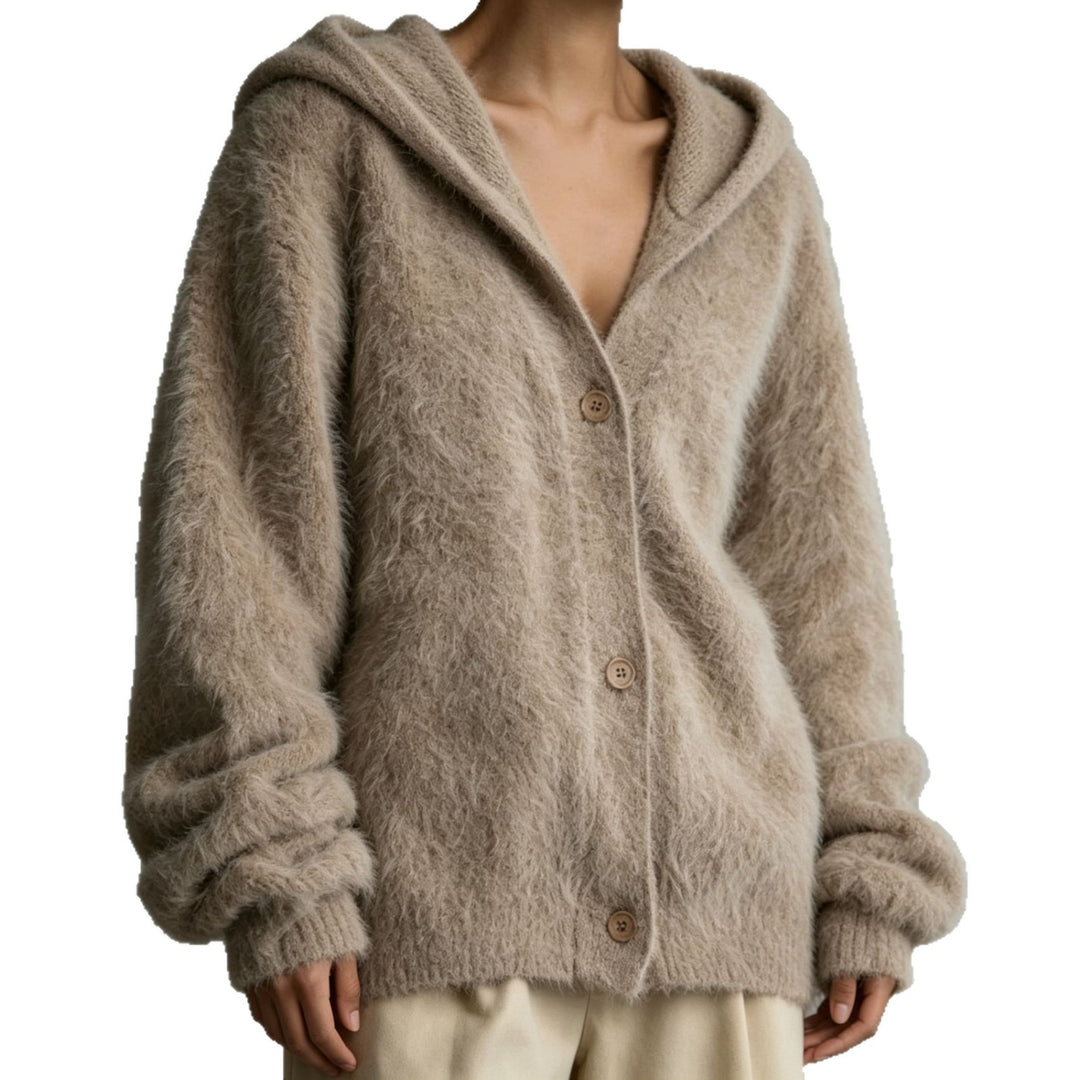 Damen Flauschiger Kapuzen-Cardigan im Mohair-Look mit Knopfleiste Shop Nory