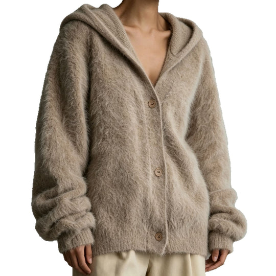Damen Flauschiger Kapuzen-Cardigan im Mohair-Look mit Knopfleiste Shop Nory