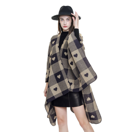 Damen Capeponcho aus Jacquardstrick mit Herz-Allover und offener Front Shop Nory