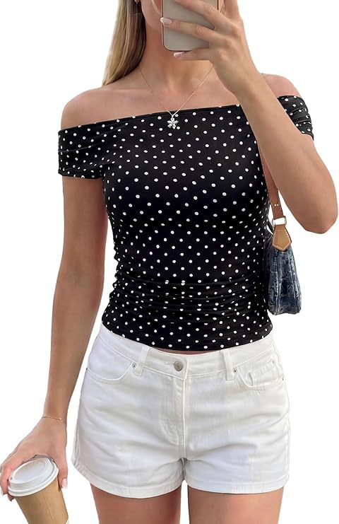 Damen Schulterfreies tailliertes Polka‑Dot Top mit geraffter Seitennaht Shop Nory