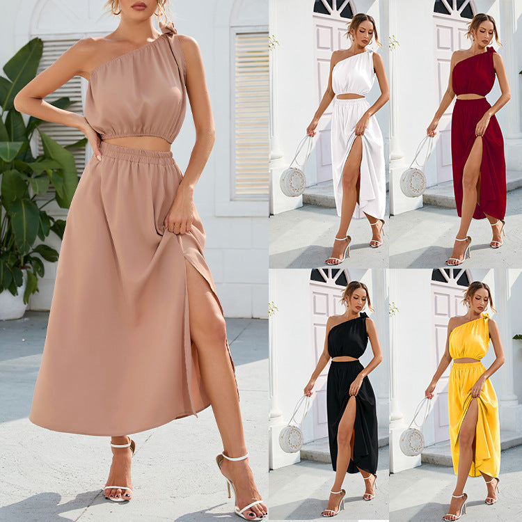 Damen Abendkleid mit schulterfreiem Design und hohem Schlitz Shopnory