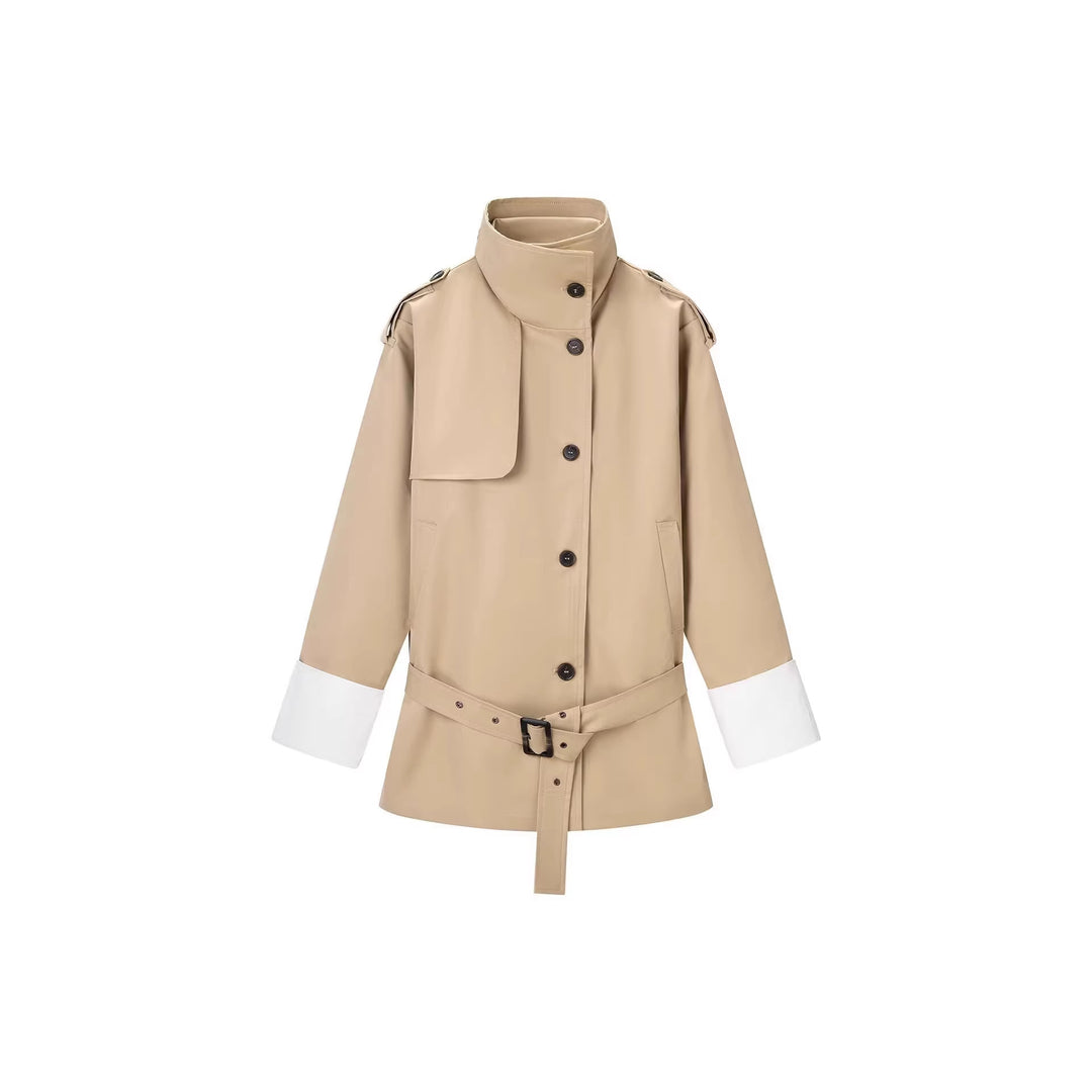 Damen Kurzer Trenchcoat mit Taillengürtel, Stehkragen und Kontrastmanschetten Shop Nory