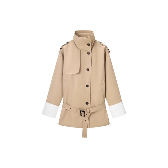 Damen Kurzer Trenchcoat mit Taillengürtel, Stehkragen und Kontrastmanschetten Shop Nory