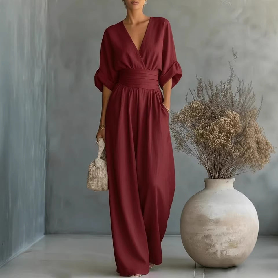 Eleganter Ärmelloser Jumpsuit mit Tiefem V-Ausschnitt, Taillenbund und Weitem Bein