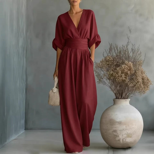 Eleganter Ärmelloser Jumpsuit mit Tiefem V-Ausschnitt, Taillenbund und Weitem Bein