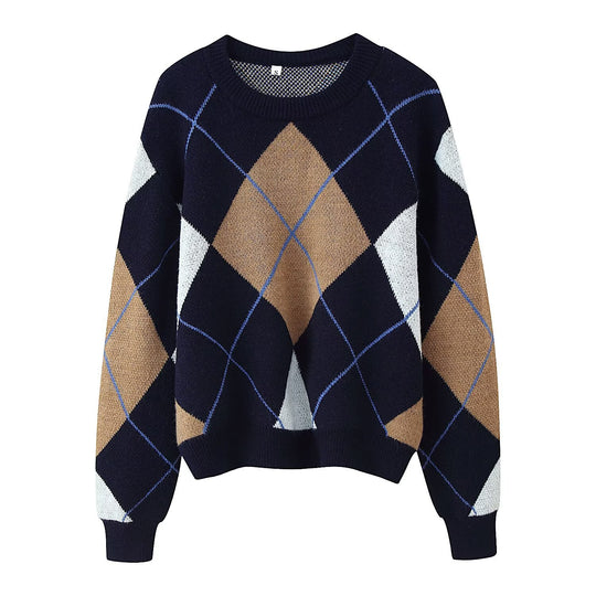Damen Oversize‑Argyle‑Strickpullover mit Rundhals, überschnittenen Schultern und Rippbündchen Shop Nory