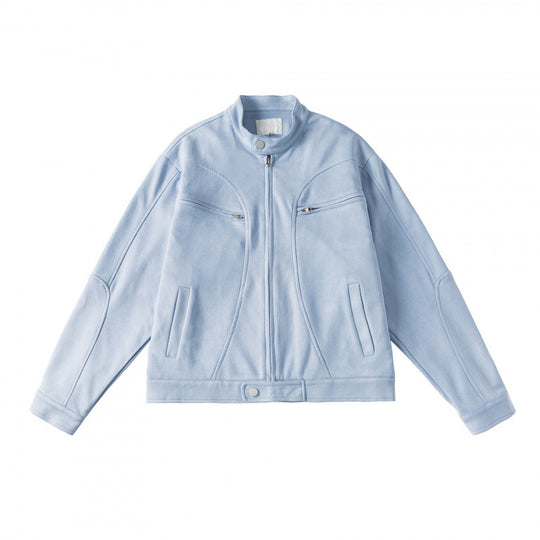 Unisex Kurzgeschnittene kastige Velours-Blousonjacke mit Stehkragen und Brustreißverschlüssen Shop Nory