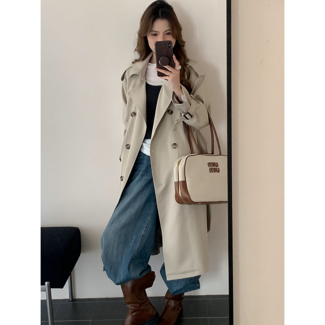 Damen Langer Trenchcoat mit Hochkragen, doppelter Sturmklappe und verstellbaren Manschetten Shop Nory