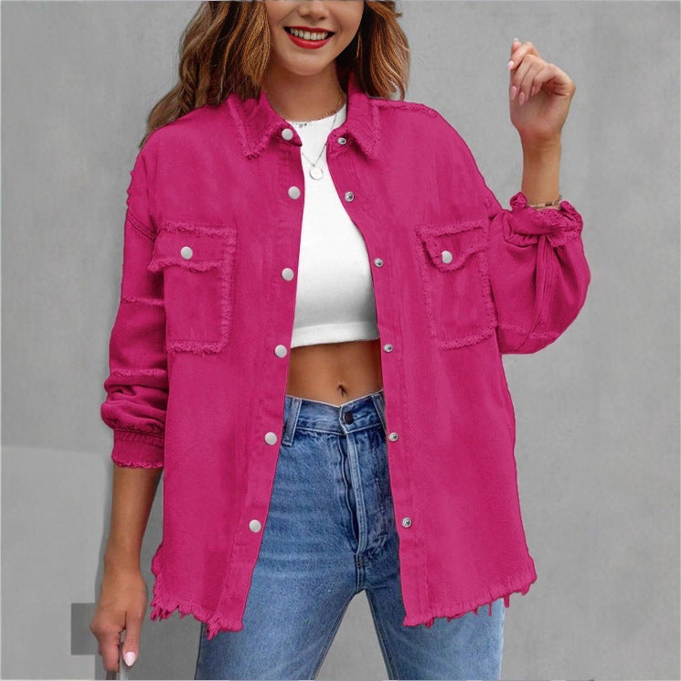 Damen Oversize-Denim-Utility-Hemdjacke mit ausgefransten Kanten und Pattentaschen Shop Nory