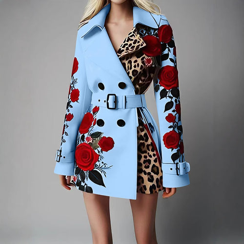 Damen Taillierter Trenchcoat mit Rosenprint und Leoparden-Innenfutter Shop Nory