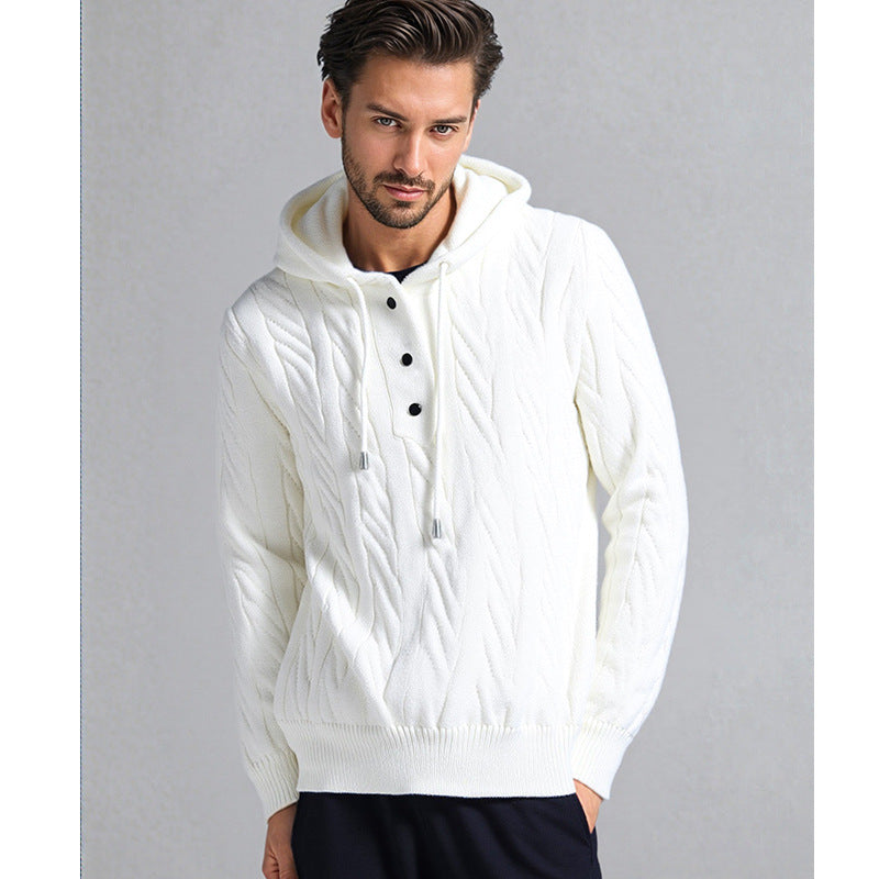 Herren Strukturiertes Zopfmuster-Kapuzenpullover mit Knopfleiste Shop Nory
