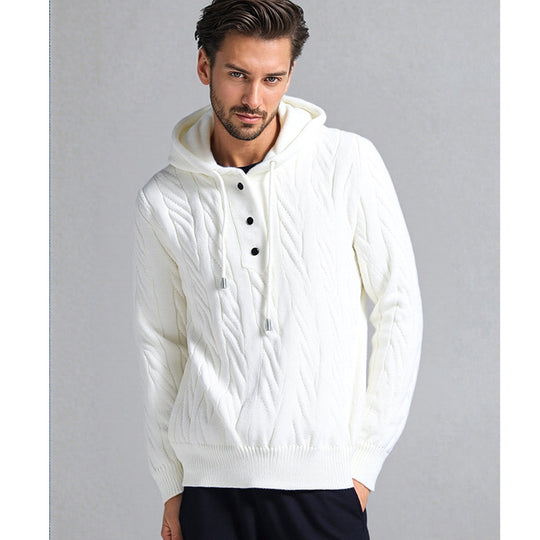 Herren Strukturiertes Zopfmuster-Kapuzenpullover mit Knopfleiste Shop Nory