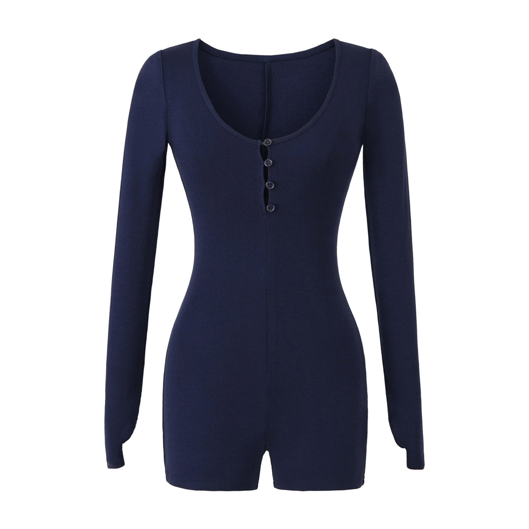 Damen Enganliegender Langarm-Body mit Knopfleiste und kurzer Shorts Shop Nory