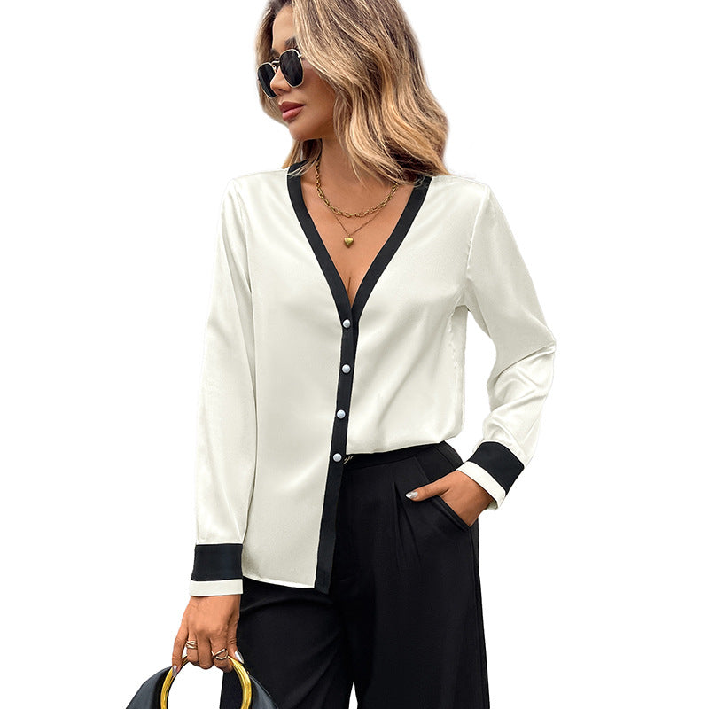 Damen Elegante Seidenoptik-Bluse mit kontrastiertem V-Ausschnitt und Perlenknopfleiste Shop Nory