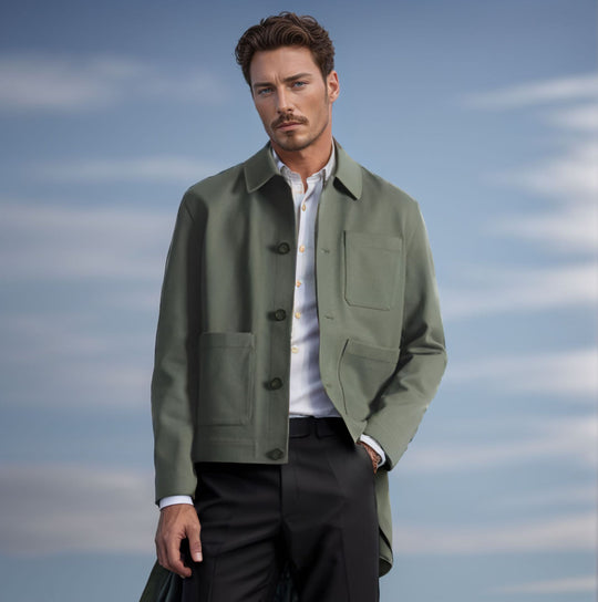 Herren Kurz‑Chorecoat mit Hemdkragen, aufgesetzten Taschen und minimalistischer Knopfleiste Shop Nory