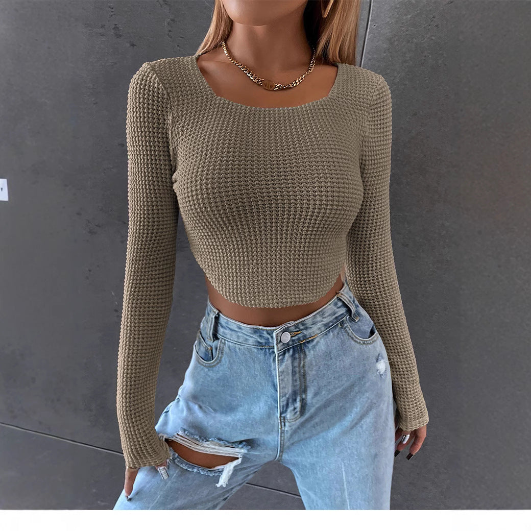 Damen Figurbetontes Cropped‑Waffel‑Stricktop mit U‑Boot‑Ausschnitt Shop Nory