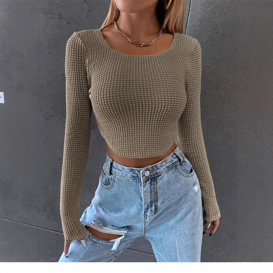 Damen Figurbetontes Cropped‑Waffel‑Stricktop mit U‑Boot‑Ausschnitt Shop Nory